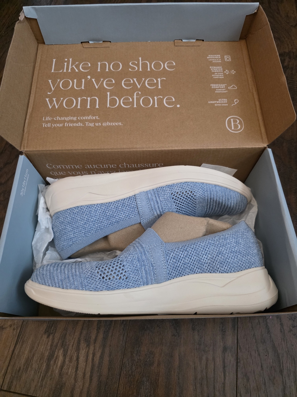 Bzees Slip-On Knit Sneakers in Light Blue and Cream